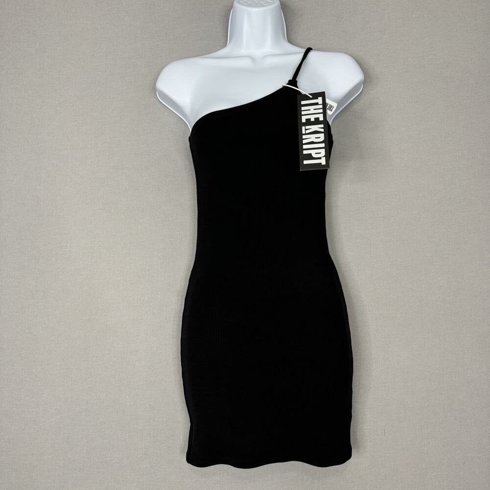 The Kript Dress Womens Medium Black One Shoulder Bodycon Mini Ribbed Clubwear‎
